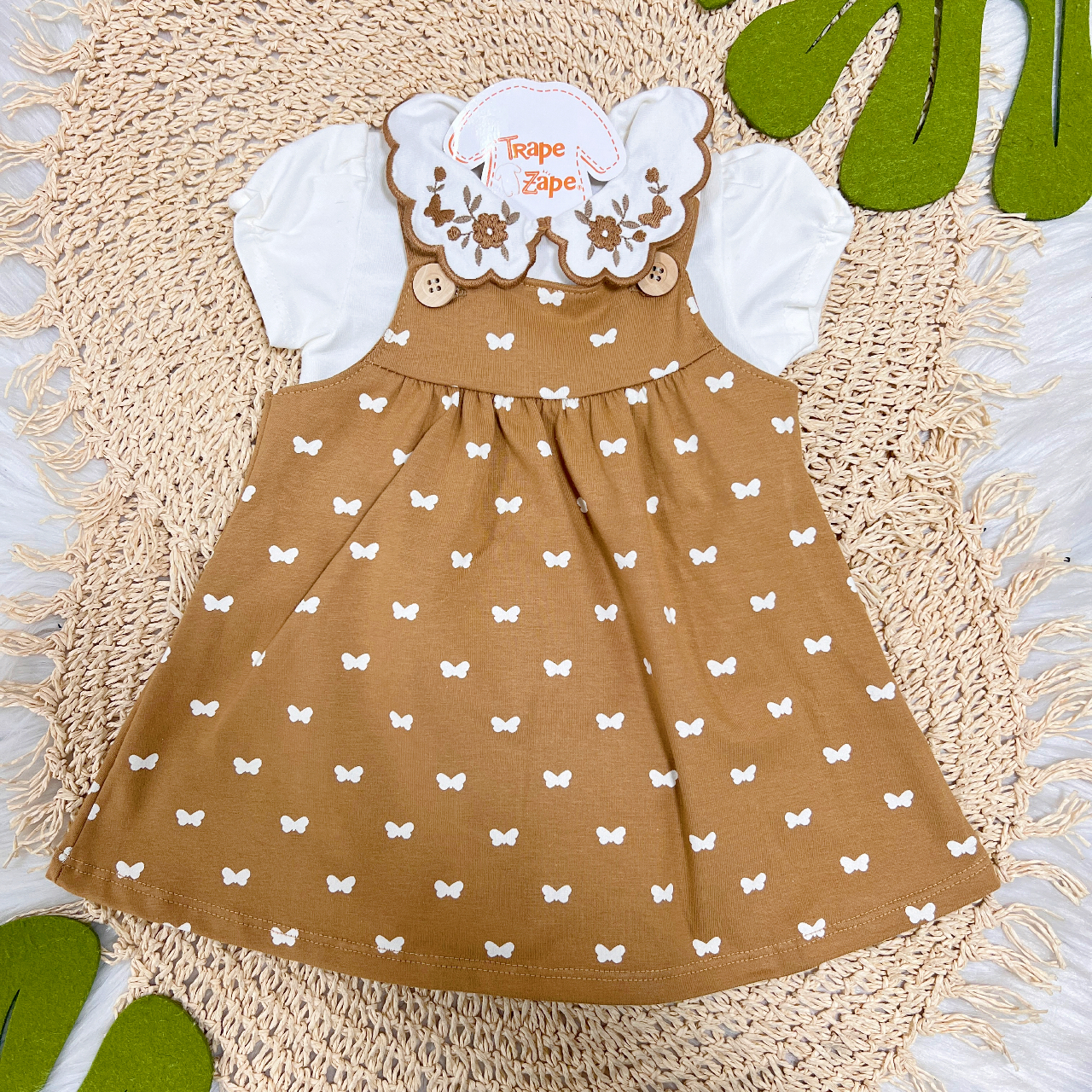  Conj. Body Gola Bordada Flores e Salopete borboletinha classic - Cappuccino